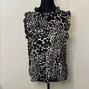 WHO WHAT WEAR Women's Black White Animal Print Ruffle Mock Neck Sleeveless Top S